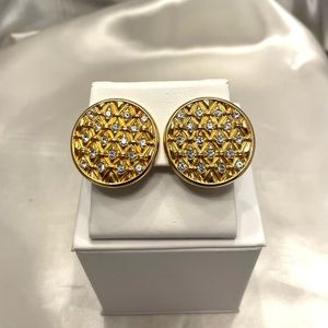 Swarovski - marked Vintage quilted round white rhinestone set ear clips